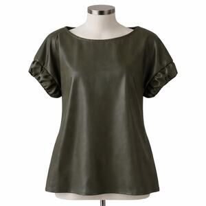 INCLAN STUDIO Olive Green Capsule Gathered Sleeve Vegan Leather Top Blouse L